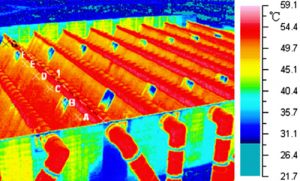 600 MW亚临界发电机组风冷岛的红外热像仪呈现表面壁温度分布。
